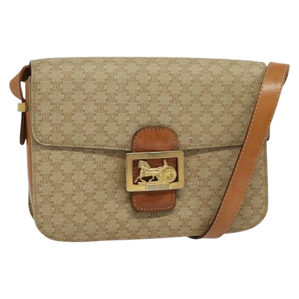 Authentic CELINE Macadam Canvas Shoulder Bag PVC Beige Gold